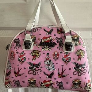 Ed Hardy Satchel Crossbody Shoulder Bag Tattoo Skull Roses Print Pink Zipper New